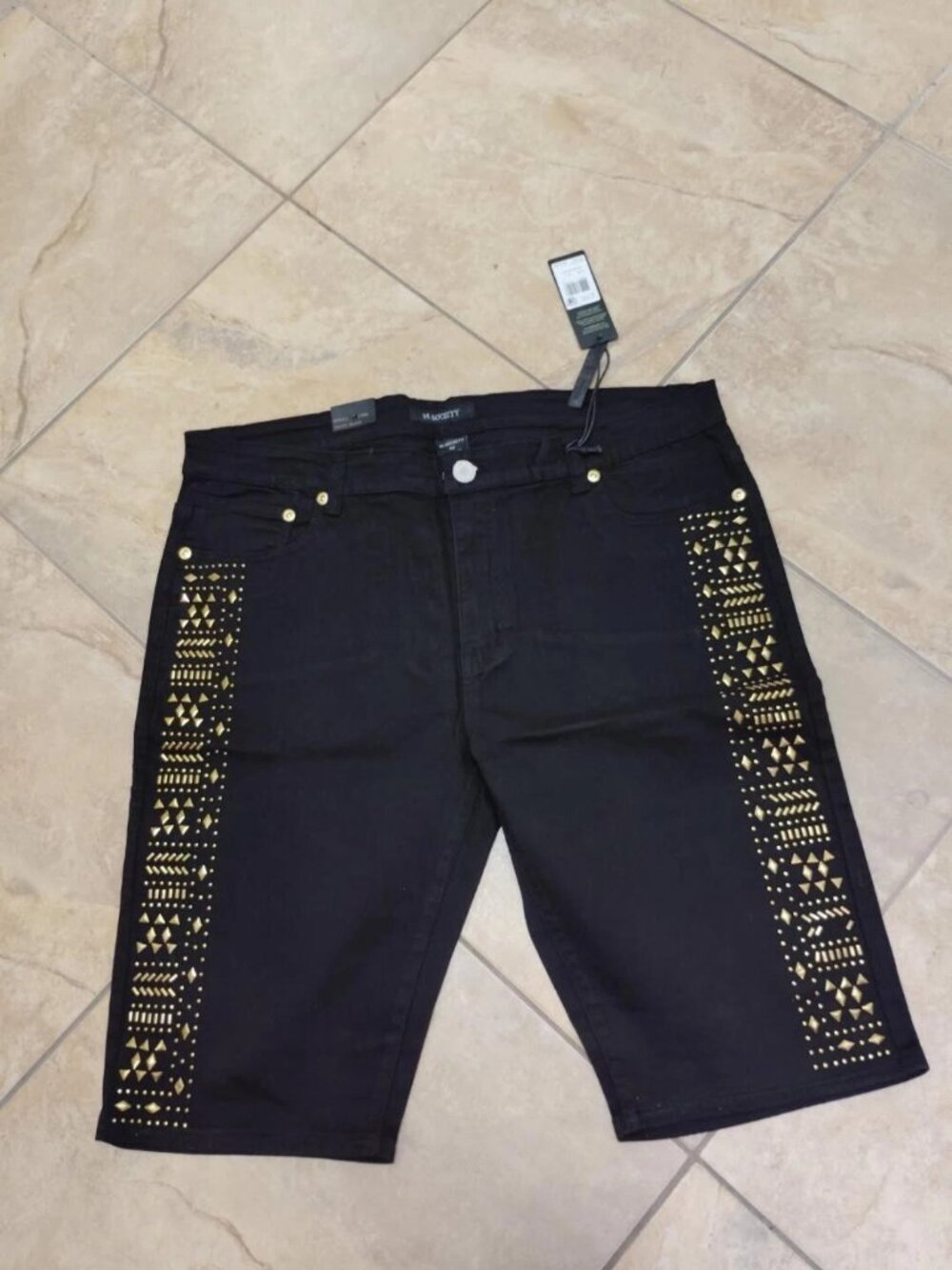 M. Society Men Streetwear Black w/ Gold Studs Twill Short Size 38 Fashion Mens